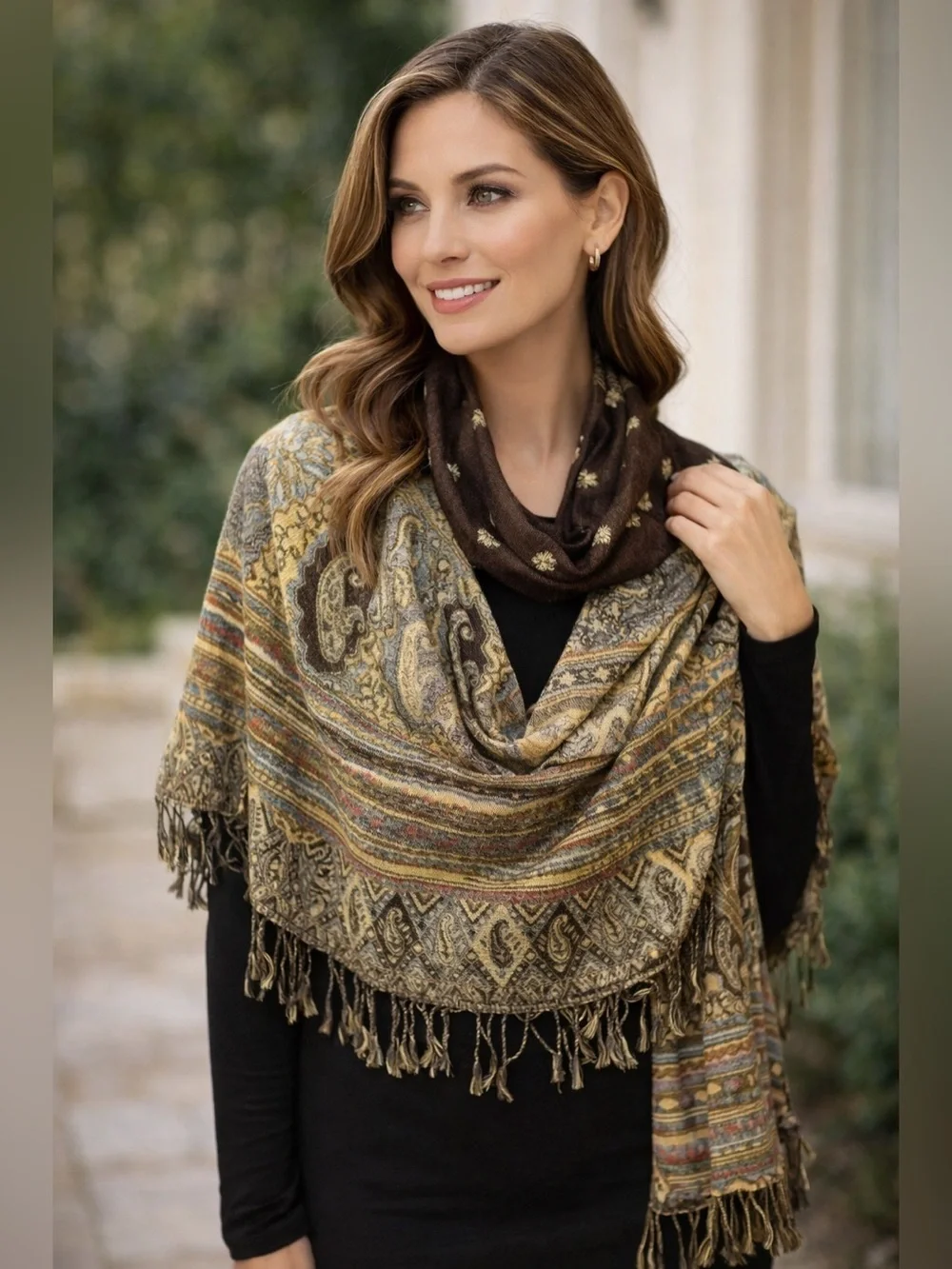 Cashmere Silk Paisley Pashmina Scarf Multicolor Fringe Woven 74